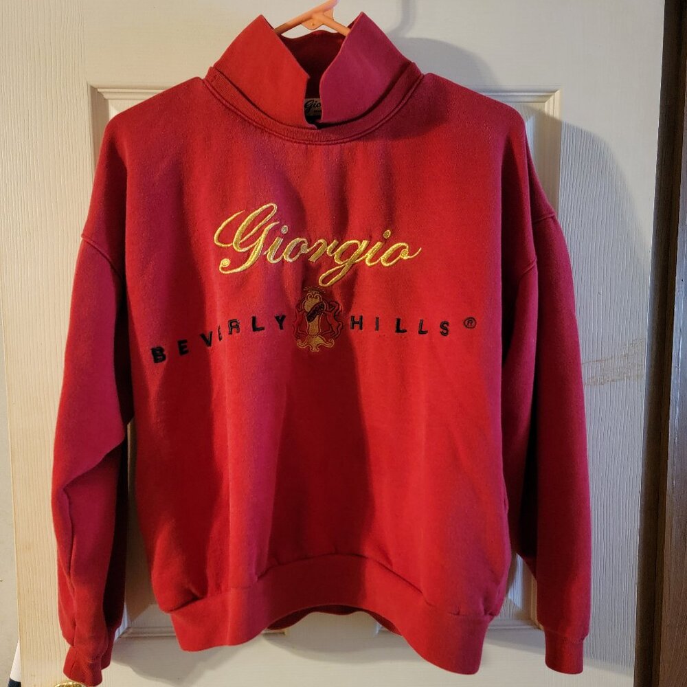 VTG 80s GIORGIO BEVERLY HILLS Red Collared Sweatshirt Embroidered Gold Logo M/L